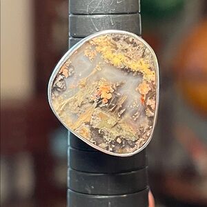 Unique Vintage Modernist Artisan Scenic Plume Agate Sterling Silver Ring